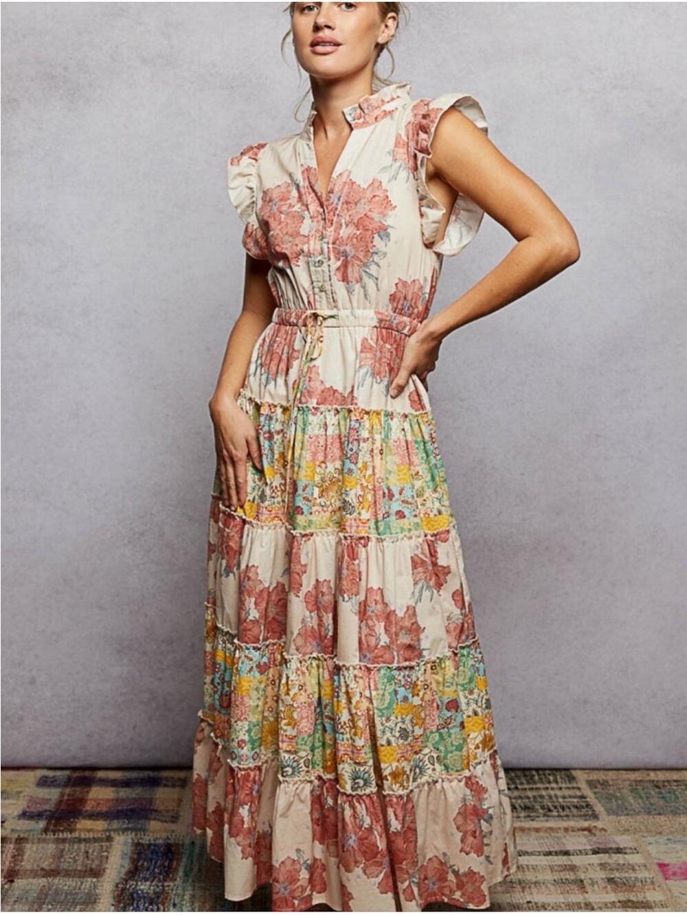 New: POL Floral Mixed Patchwork High Neckline Ruffle Tiered Maxi Dress• Small